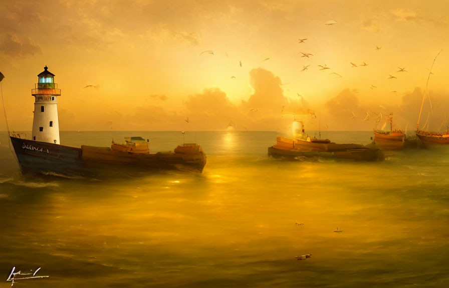 Tranquil sunset seascape with lighthouse, boats, and birds