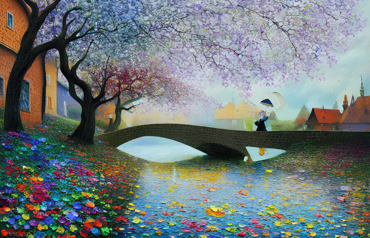 Colorful painting of person with umbrella on bridge amid flowers & reflection.