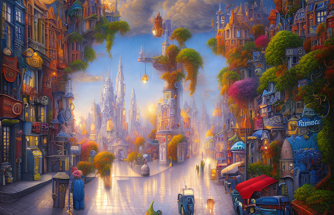 Vibrant digital artwork of whimsical street with colorful buildings