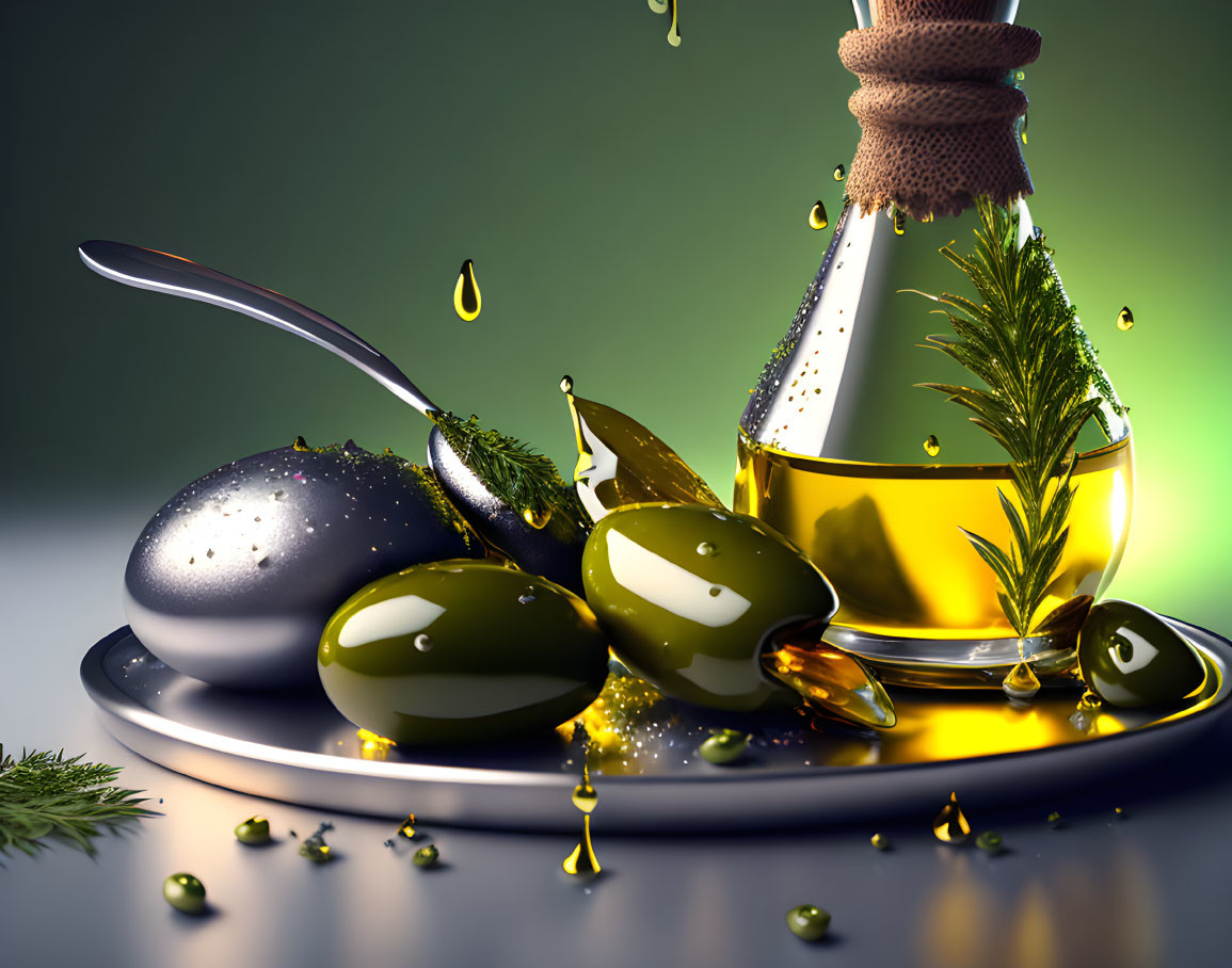 Still life with olive oil bottle, green olives, spoon, dill, and droplets on