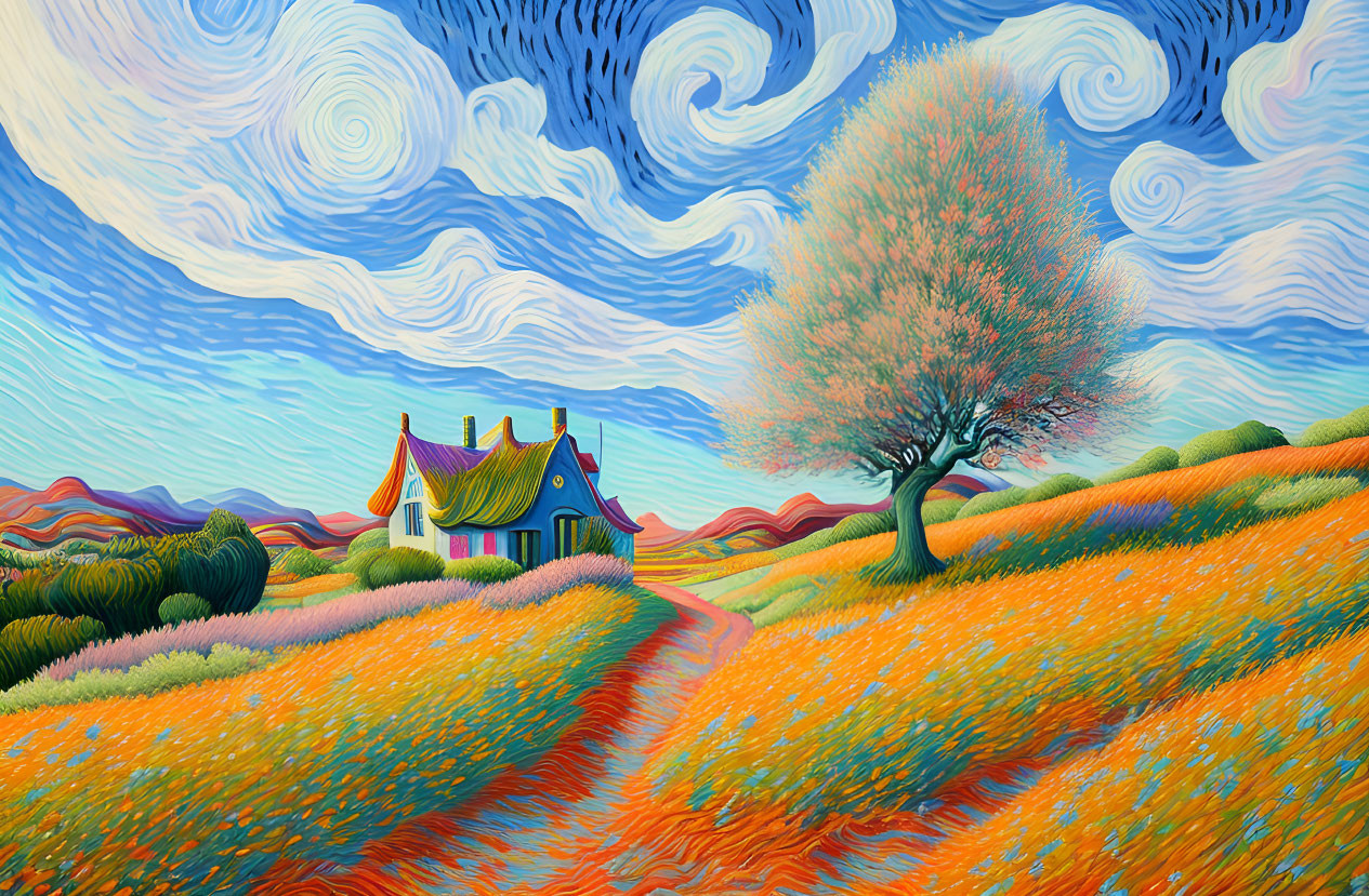 Colorful landscape painting with blue skies, orange flowered field, tree, and cottage