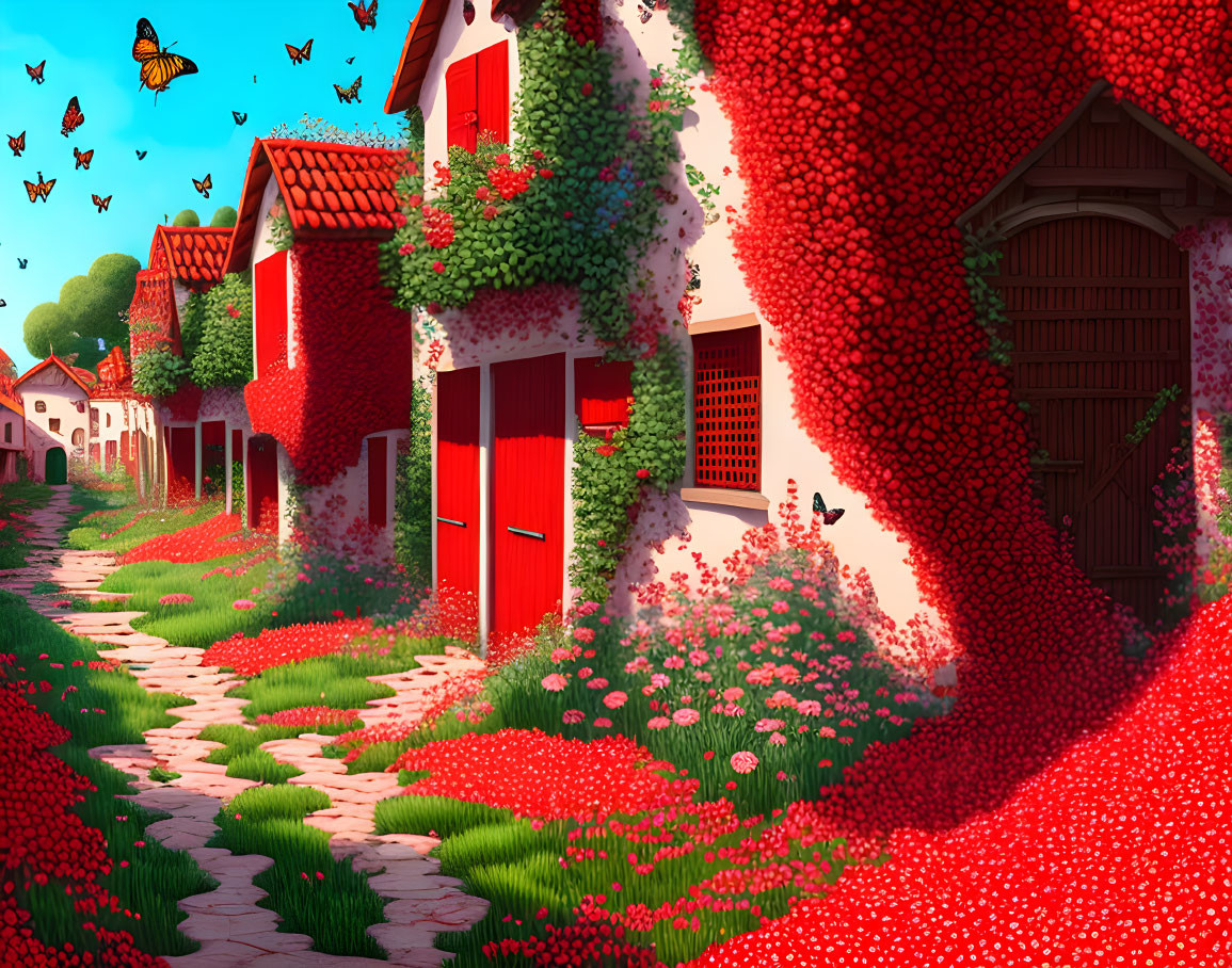 Red-roofed village with lush greenery and cobblestone path under sunny sky