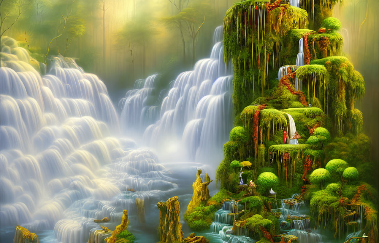 Fantasy waterfall landscape with lush greenery, cascading water, mist, woman in white dress,