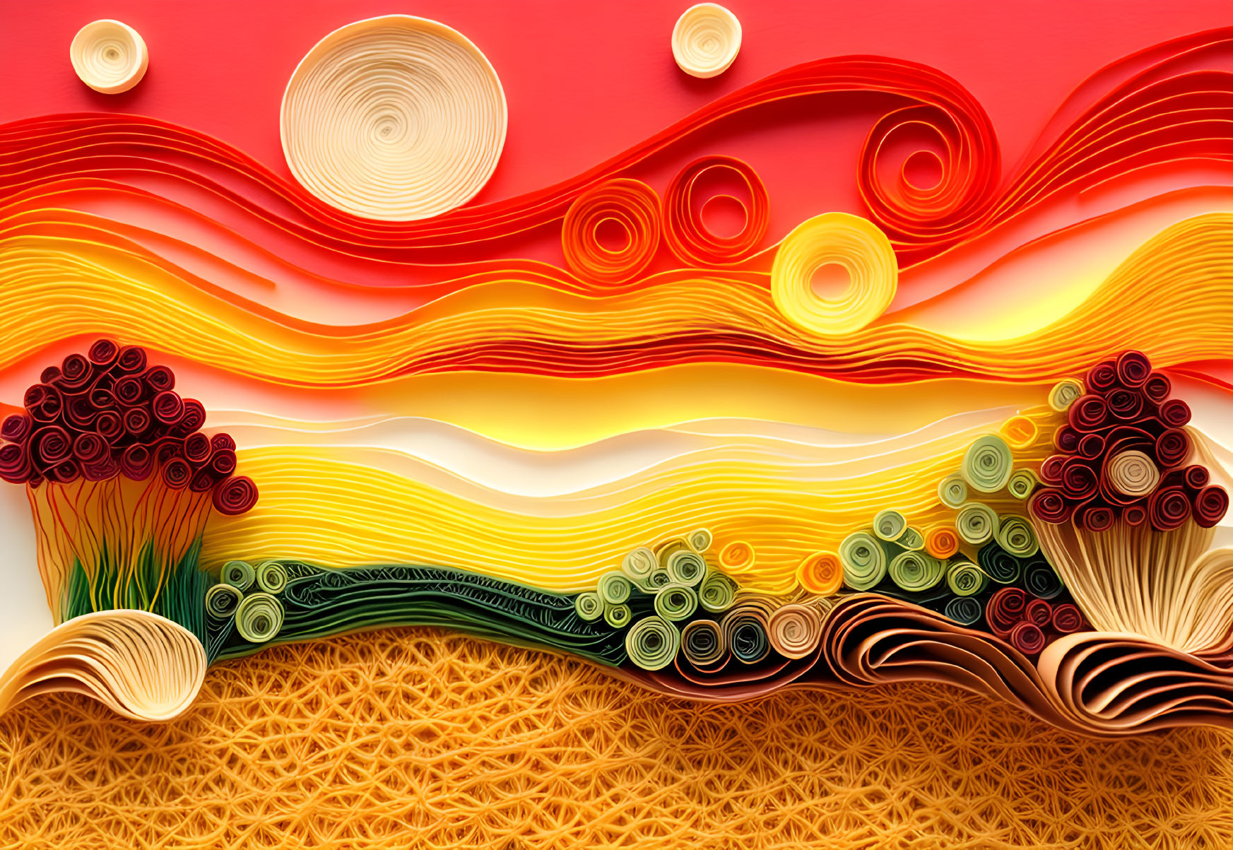 Colorful Abstract Quilled Paper Art Landscape with Rolling Hills