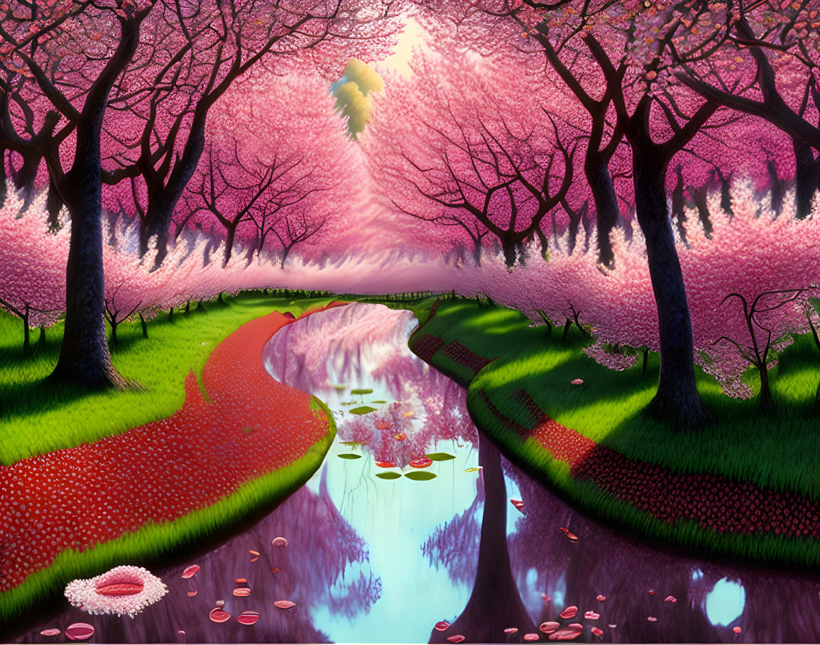 Digital artwork of tranquil path with pink blooming trees by calm river