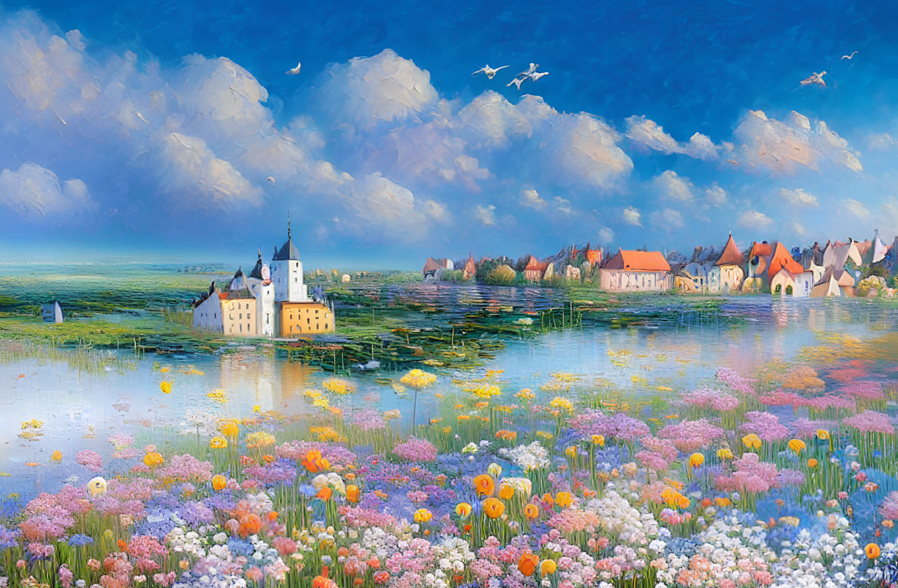 Colorful lakeside village painting with castle, houses, and blue sky.