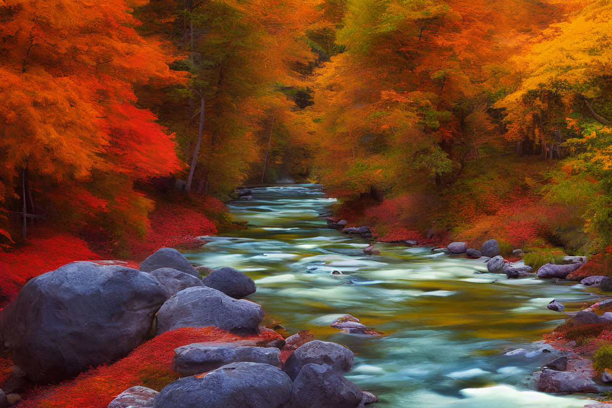 Tranquil river winding through vibrant autumn forest with orange and red leaves, large rocks by the bank