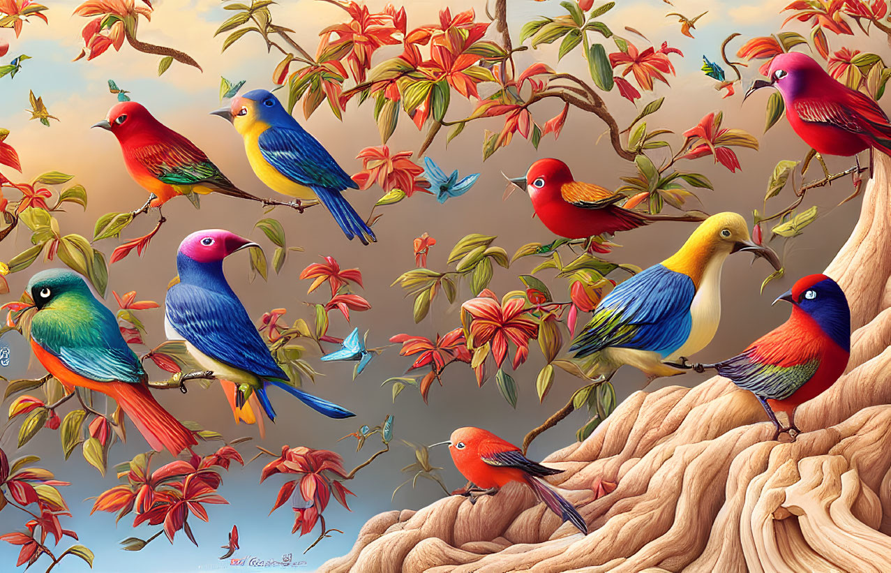 Colorful Birds on Branches Amid Autumn Leaves and Serene Sky