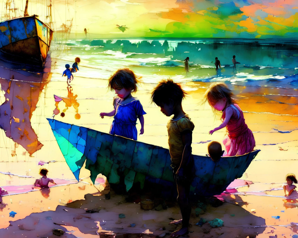 Vibrant sunset beach scene with children playing around old boat