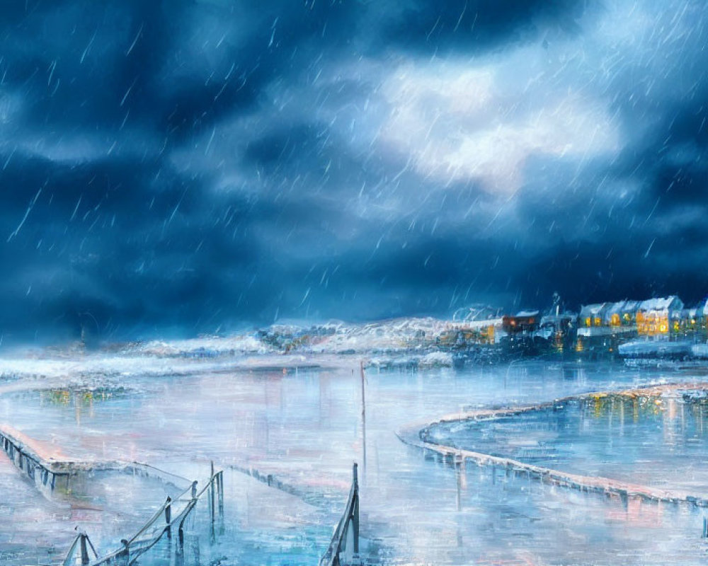 Stormy night painting of waterfront town under rain.