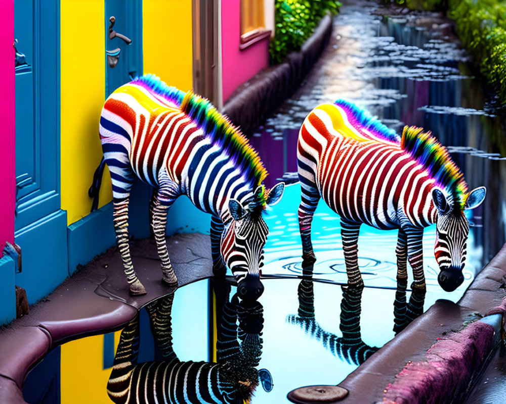 Three colorful zebras by water canal with vibrant houses in background