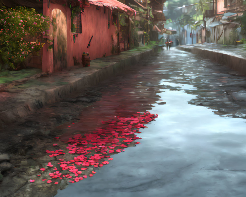 Traditional architecture and cobblestone street with flowers and person afar.