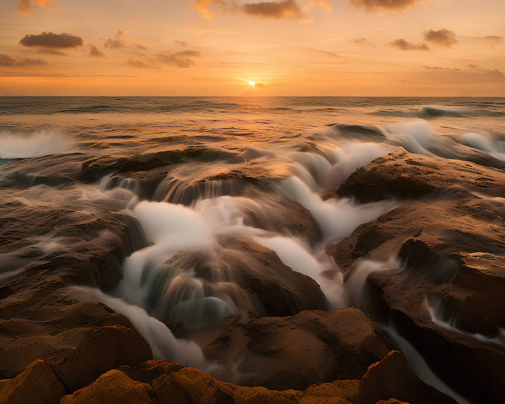 Rocky Shoreline at Sunset with Waves and Clouds