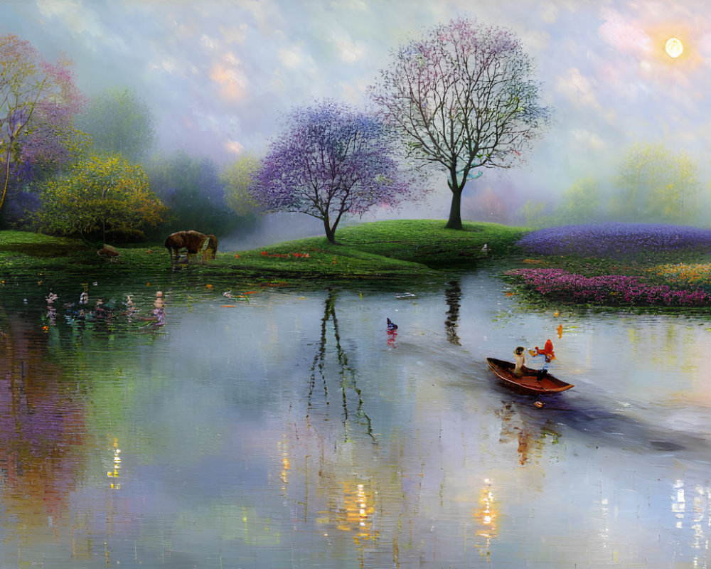 Tranquil river scene with boat, blooming trees, cattle, flowers, and mist