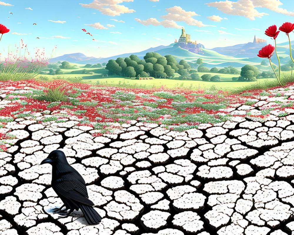 Black bird on cracked earth near red and white flowers, castle on hill under blue sky.
