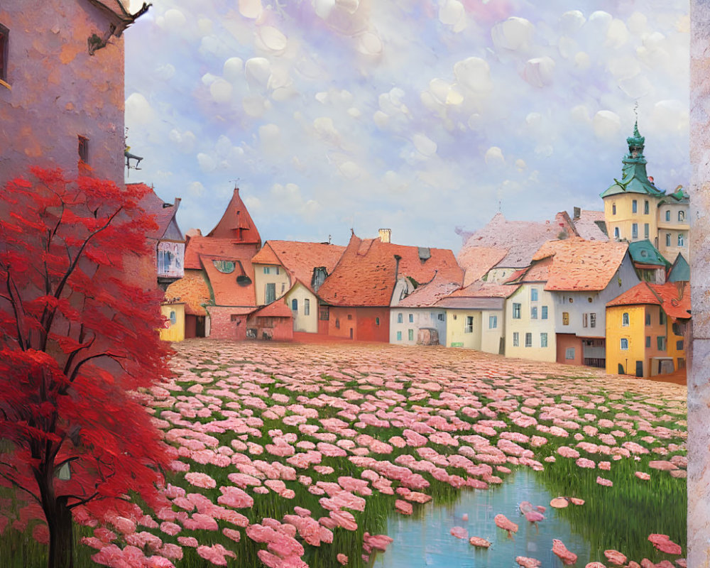 Colorful Village and Pink Flower Field by Waterfront under Soft Cloudy Sky