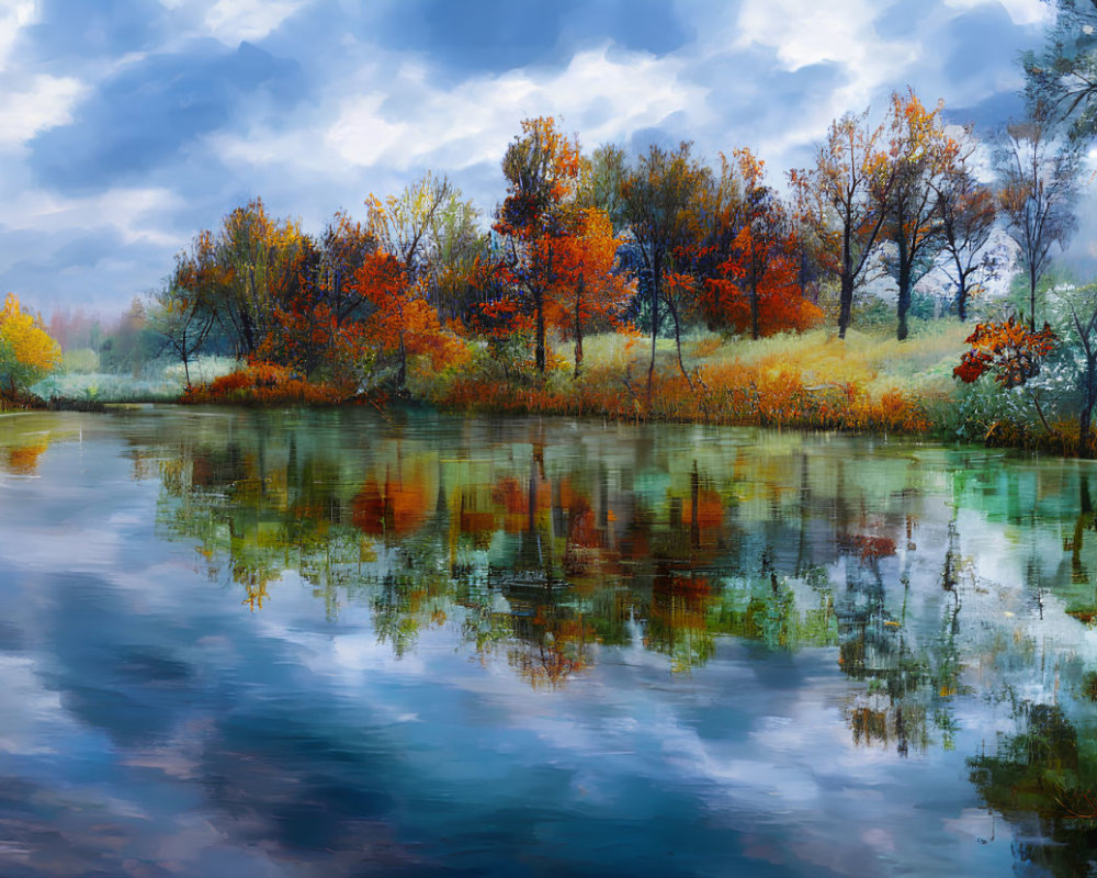 Colorful Autumn Trees Reflecting in Calm Water Under Cloudy Sky