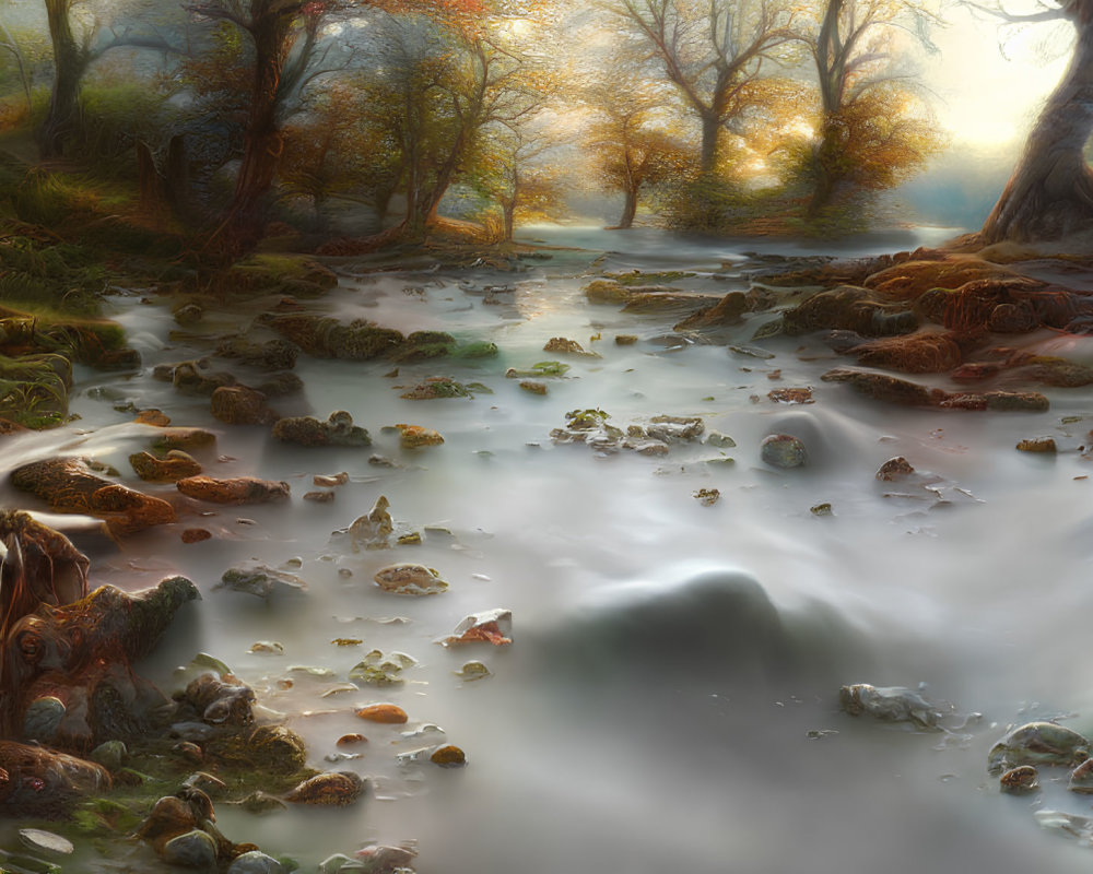 Tranquil forest river scene with misty water and autumn trees