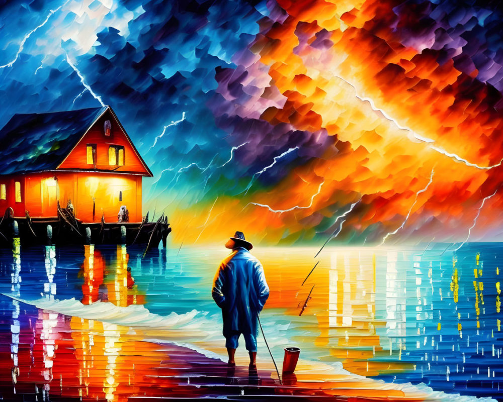 Colorful painting of person fishing on dock with stormy sky and lightning.