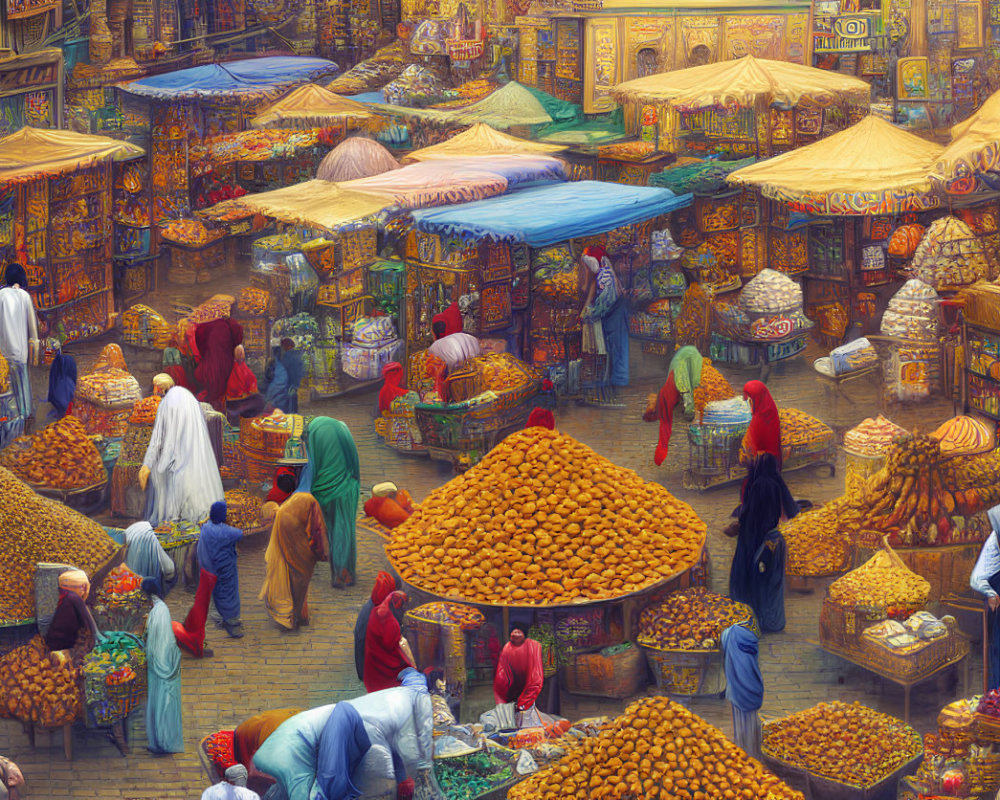 Vibrant traditional market with colorful stalls, vendors, shoppers, and fresh produce.