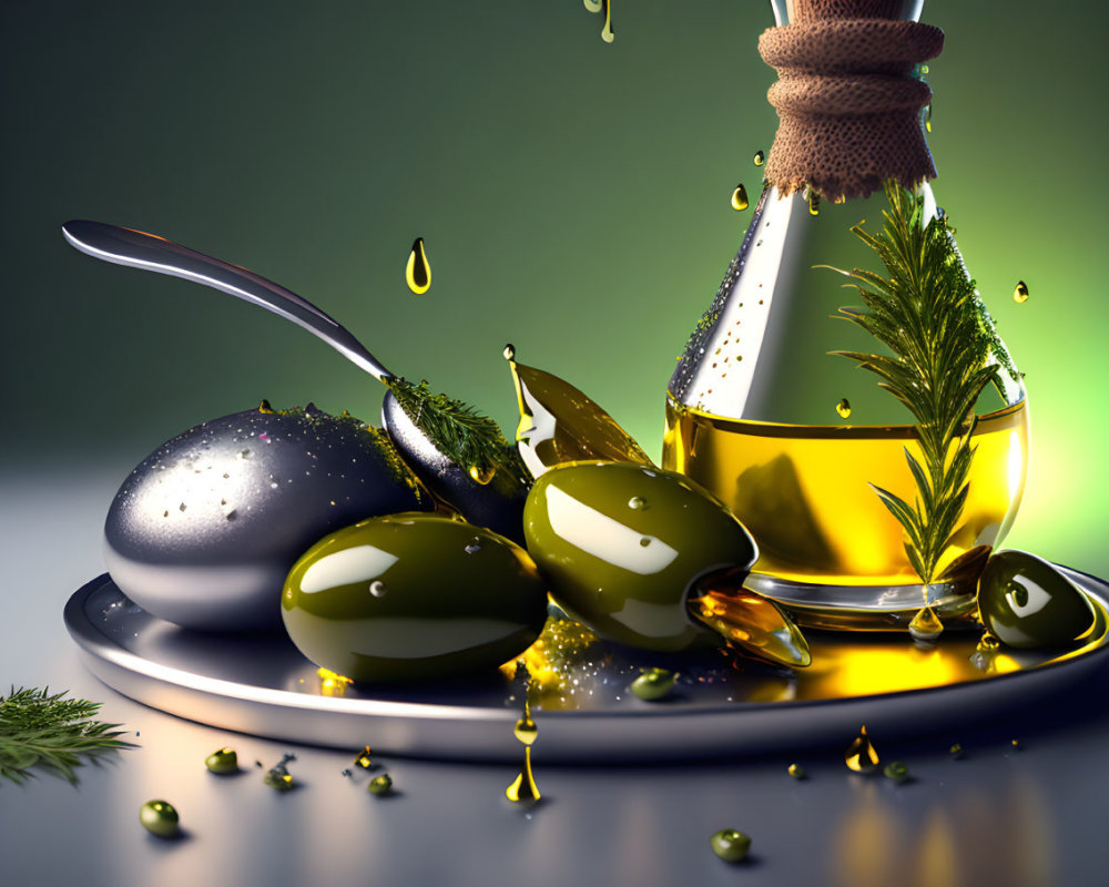 Still life with olive oil bottle, green olives, spoon, dill, and droplets on