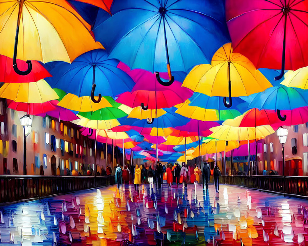 Vibrant Street Scene with Colorful Umbrellas and Pedestrians