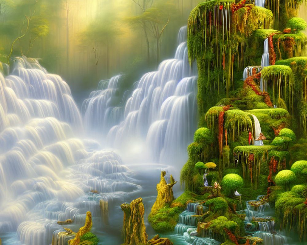 Fantasy waterfall landscape with lush greenery, cascading water, mist, woman in white dress,