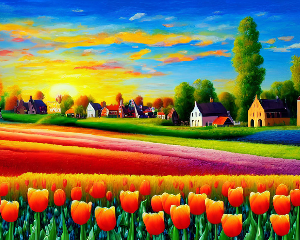 Multicolored rows of vibrant tulips with charming houses under sunset sky