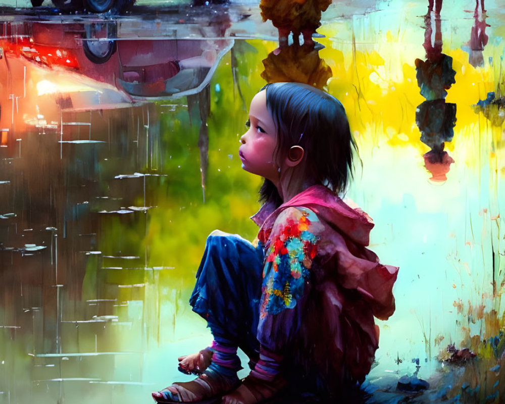 Child in Colorful Clothing Reflects by Puddle in Surreal Landscape