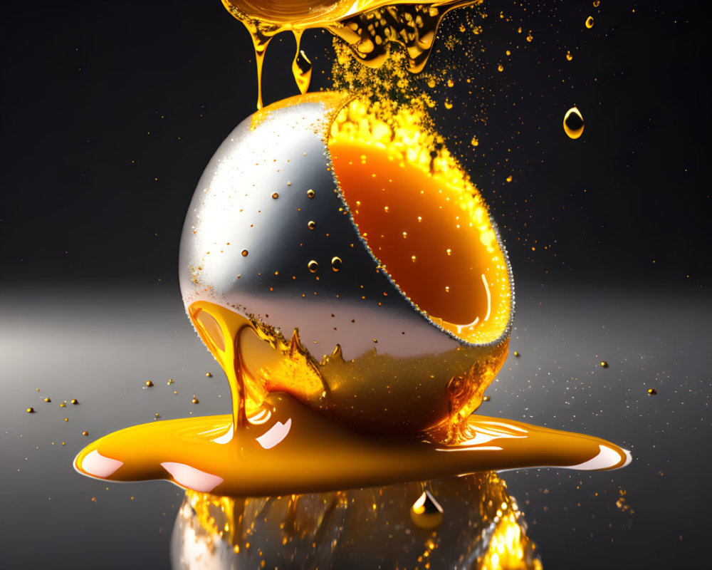 Shiny chrome sphere with golden liquid splash on dark gradient background