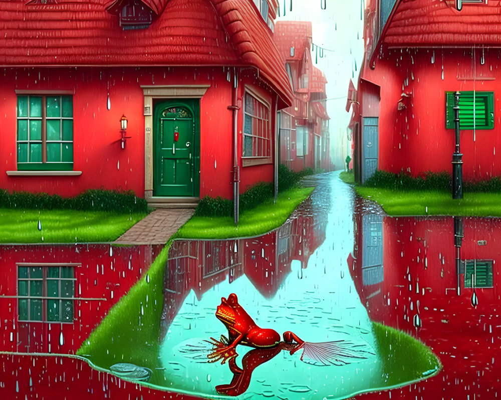 Red frog in puddle reflects red-roofed houses on rainy street