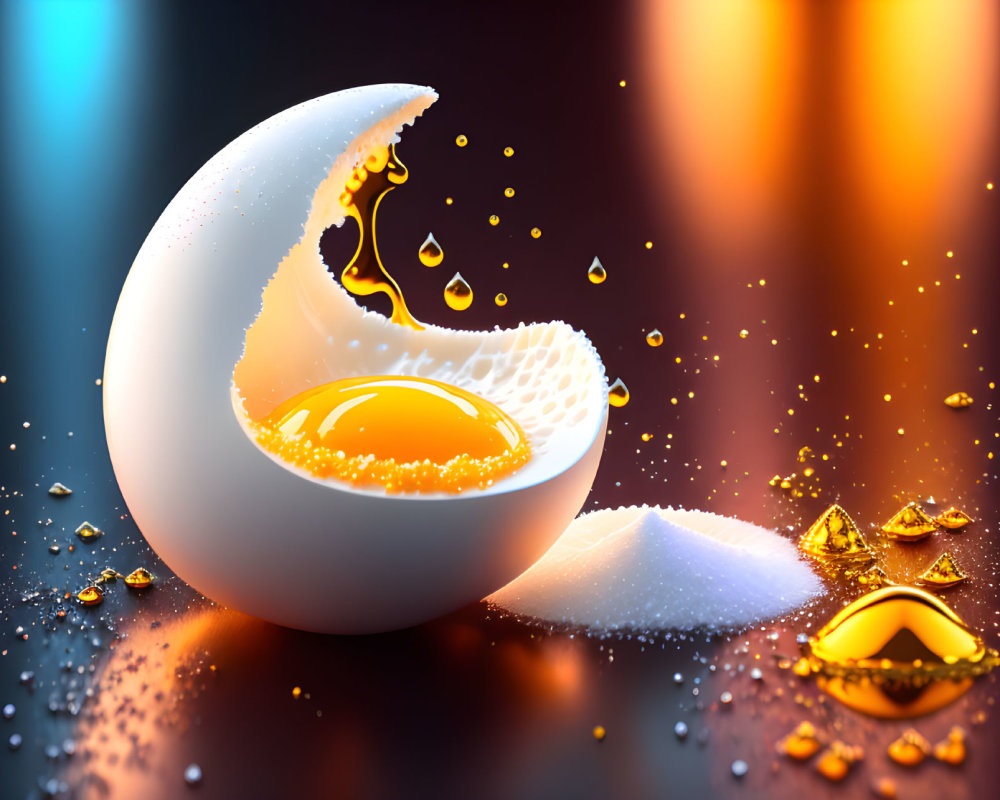 Cracked egg with golden yolk on warm bokeh background