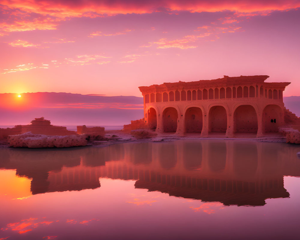 Tranquil sunset with radiant clouds over ancient ruins reflected in water