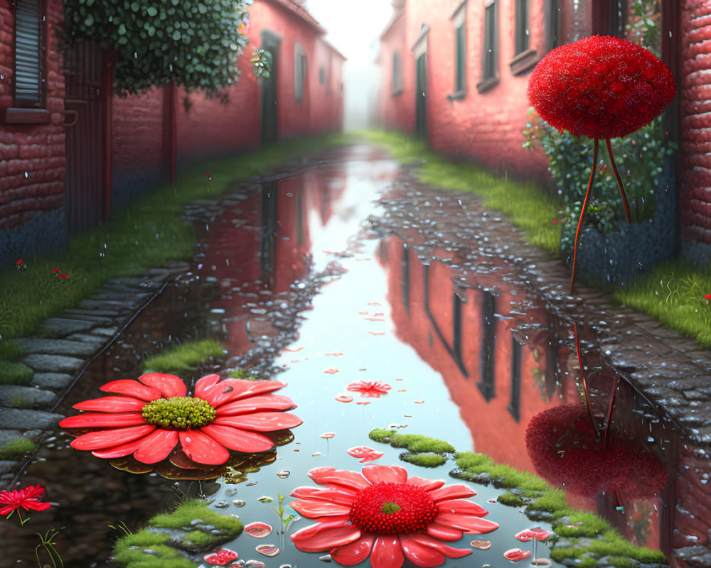 Fantasy Alley with Red Brick Walls, Reflective Water Puddle, Red Flowers, and Spherical