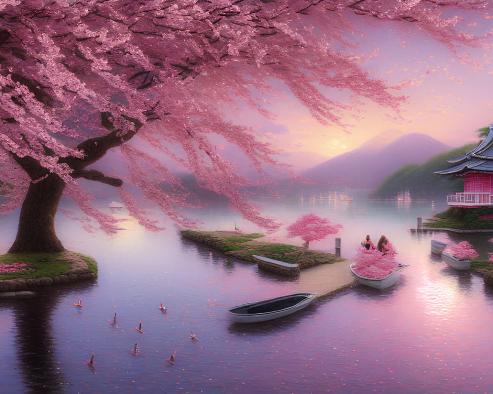 Pink Cherry Blossom Scene: Boating by Japanese Pagoda at Sunset