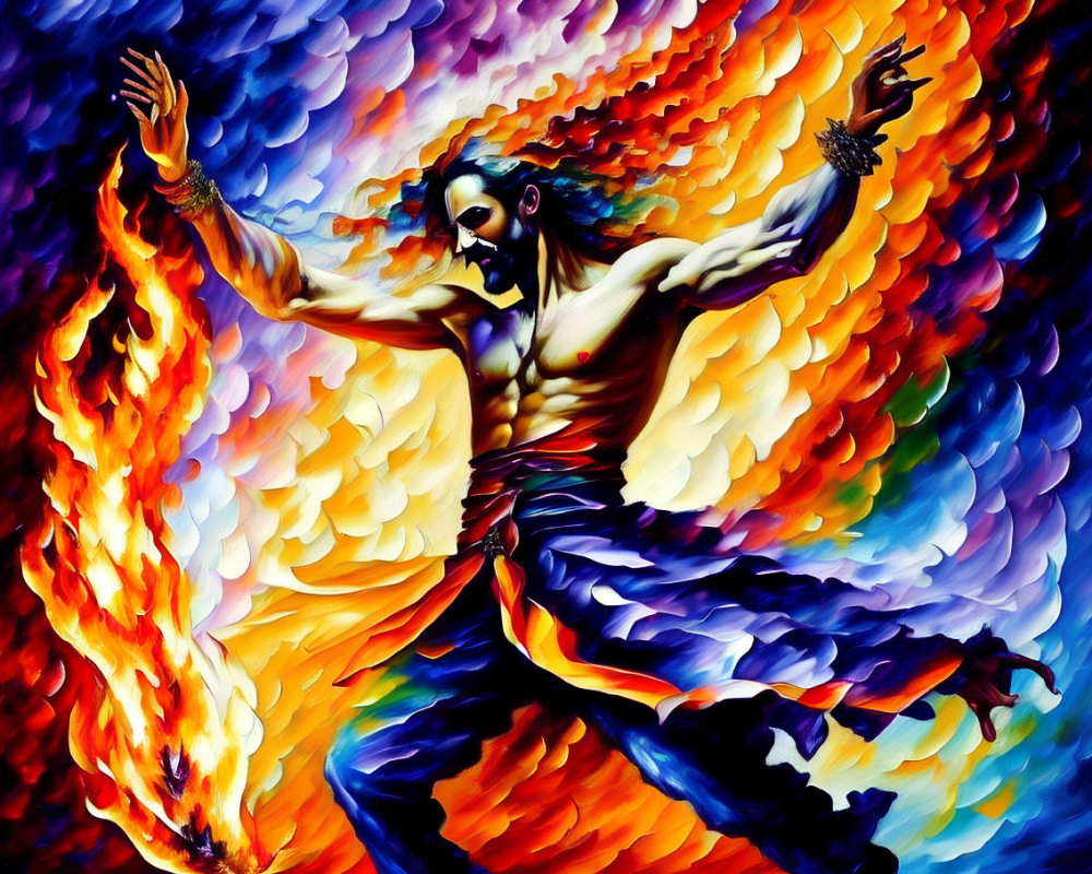 Colorful figure with multiple arms dancing in fiery swirls of blue, orange, and purple