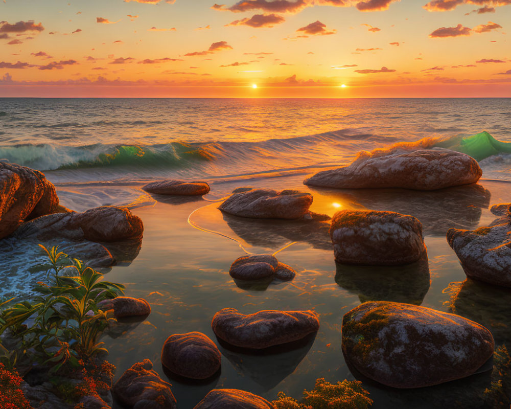 Rocky beach sunset with crashing waves and warm sunlight on water and foliage