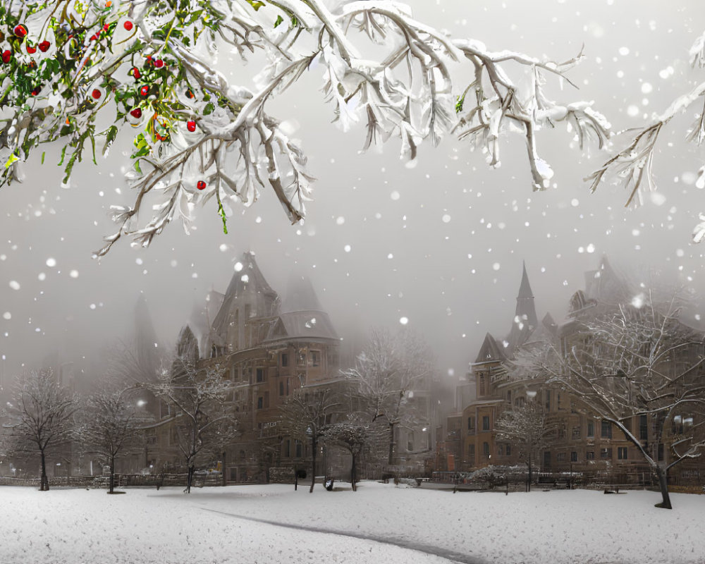 Winter Scene: Snow-covered Gothic Campus with Bare Trees