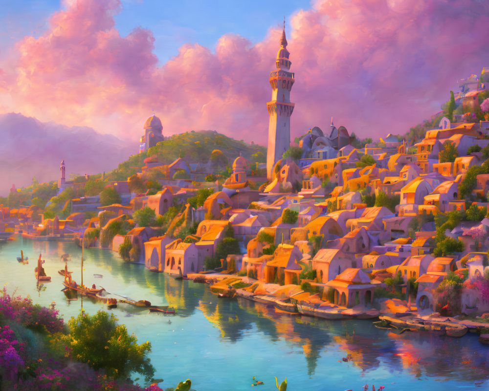 Fantastical landscape with pink clouds, river, village, tower, sunset sky