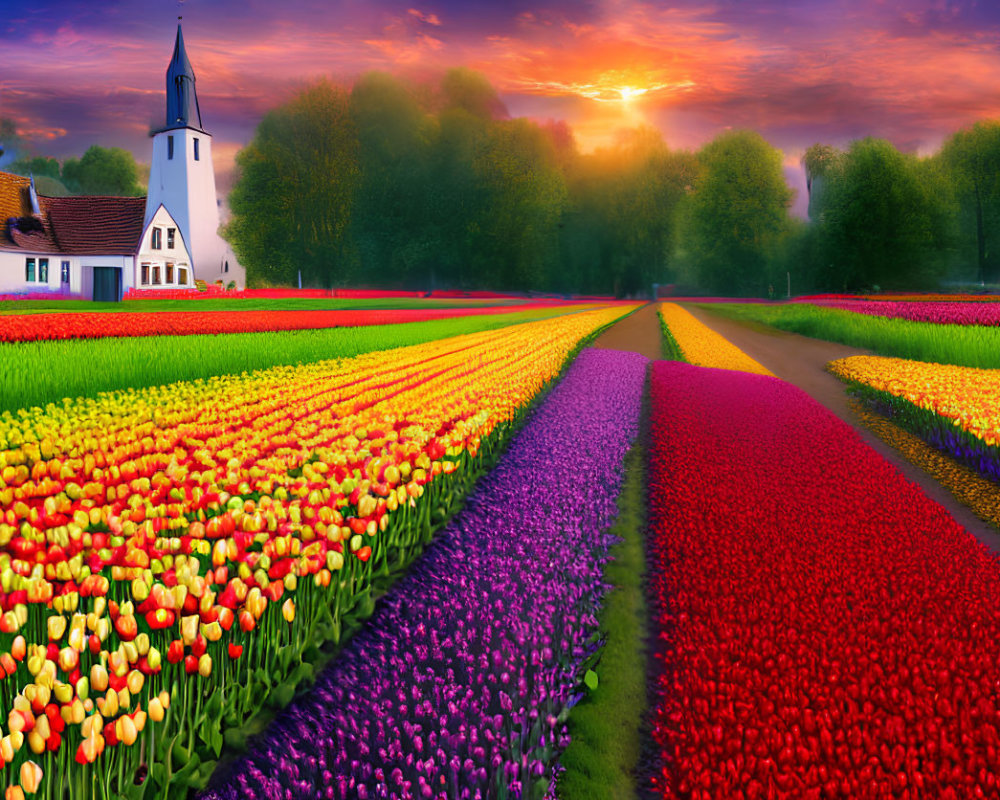 Colorful Tulip Field with White Church and Sunset Sky