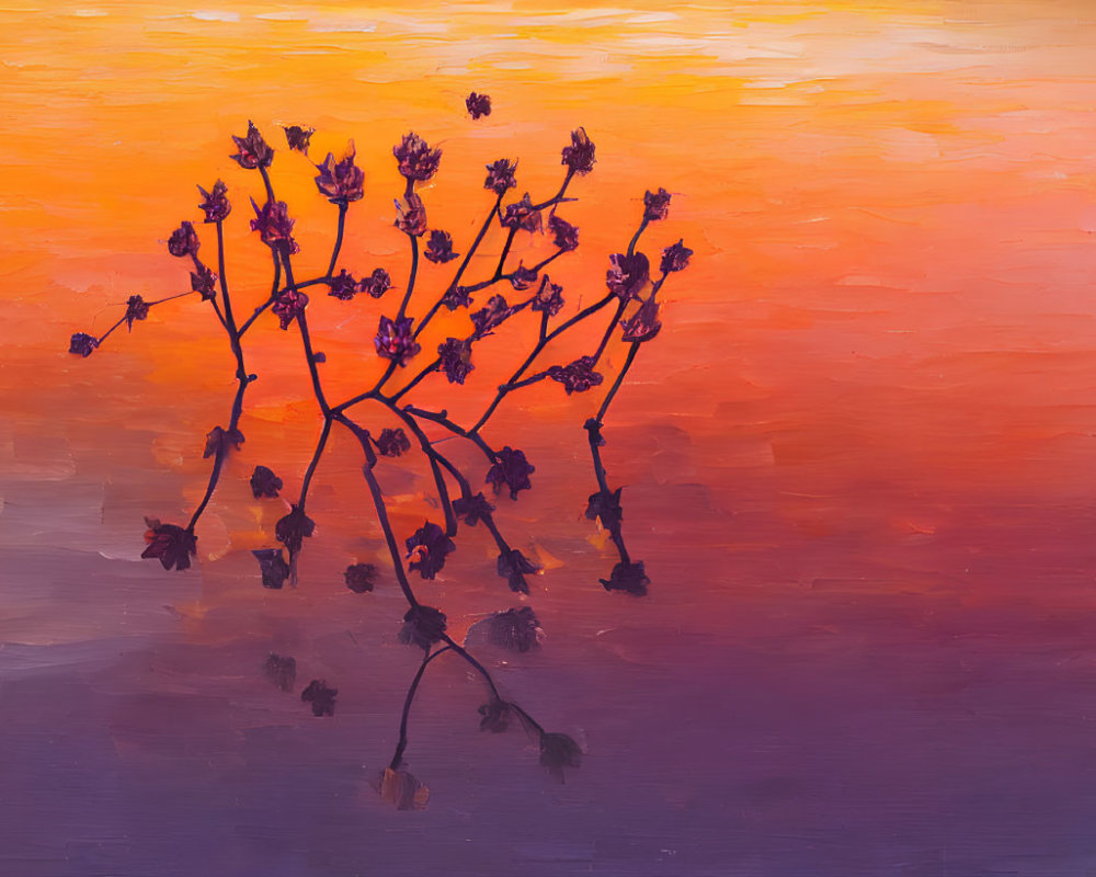 Flowering Branch Silhouette Against Vibrant Sunset Sky