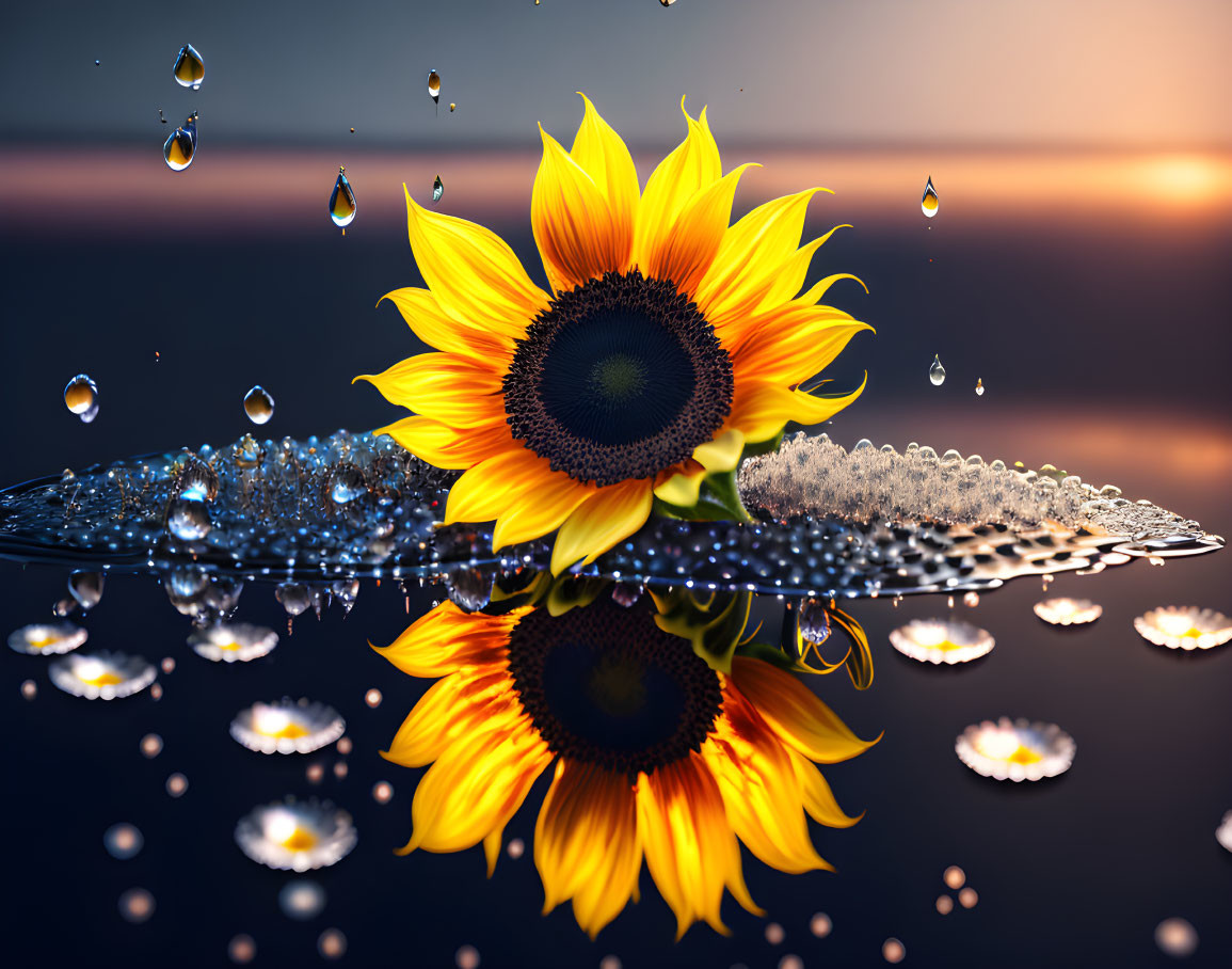 Sunflower on water surface with reflection and water droplets at sunset