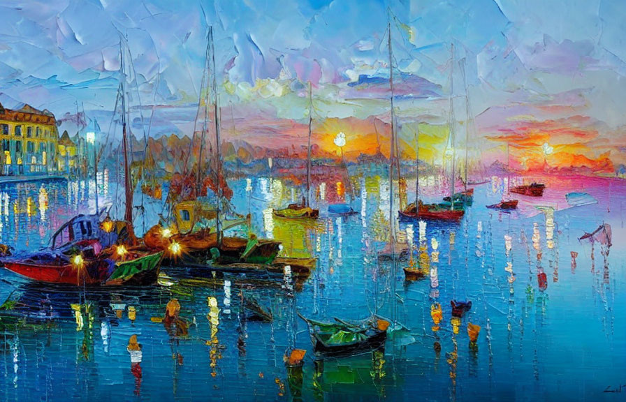 Vibrant Sunset Painting Over Marina with Boats & Reflections