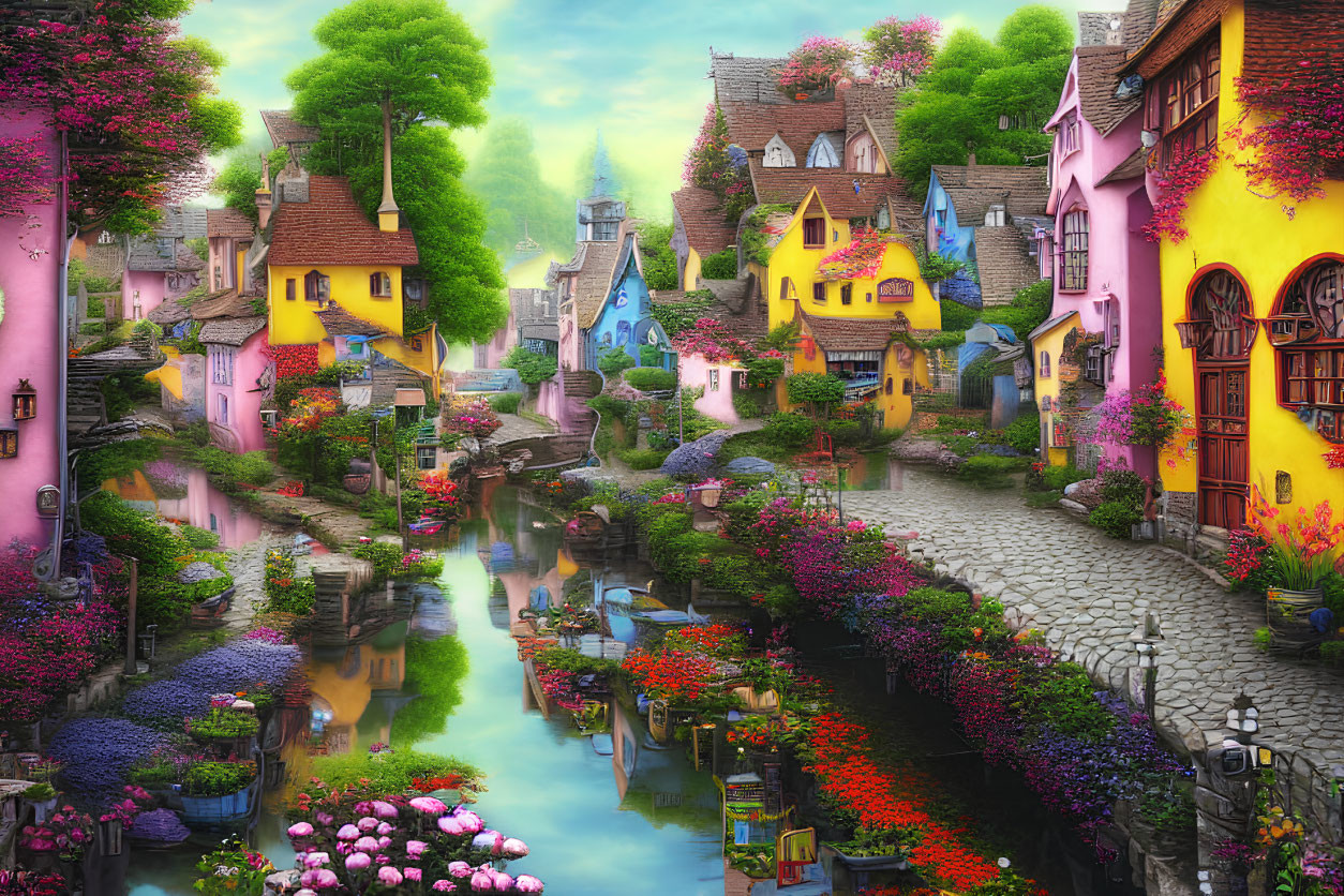 Colorful Fairytale Village with Canal and Cobblestone Paths