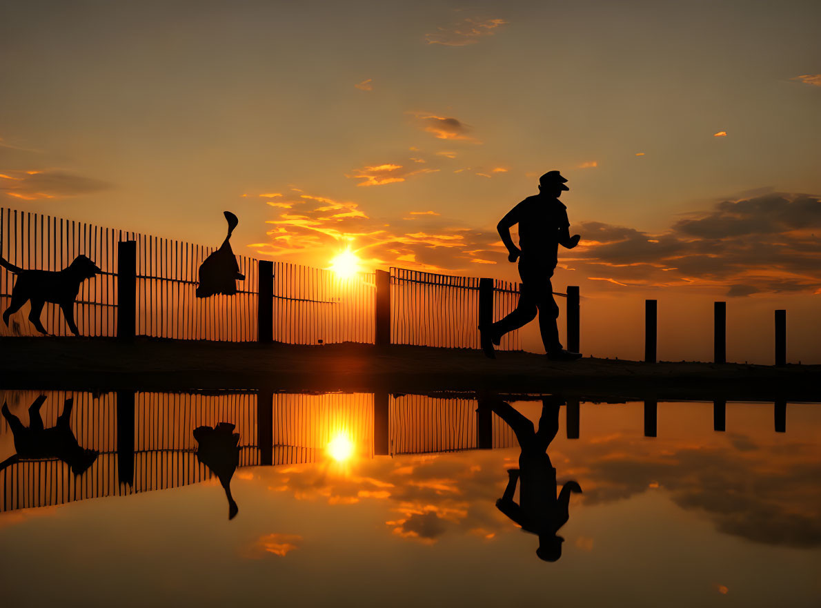 Silhouetted person running with dogs at sunset over water and fence.