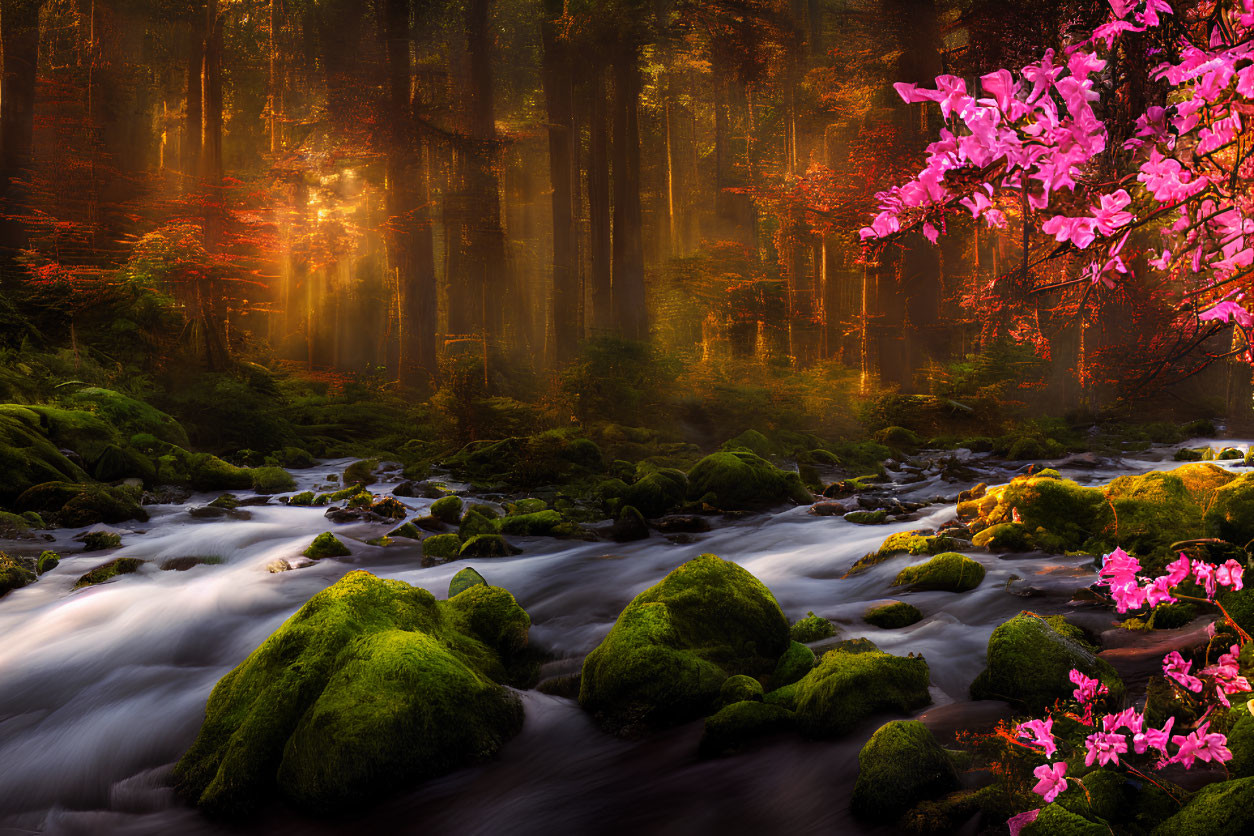 Misty forest scene with sunlight, stream, moss-covered rocks, and pink flowers