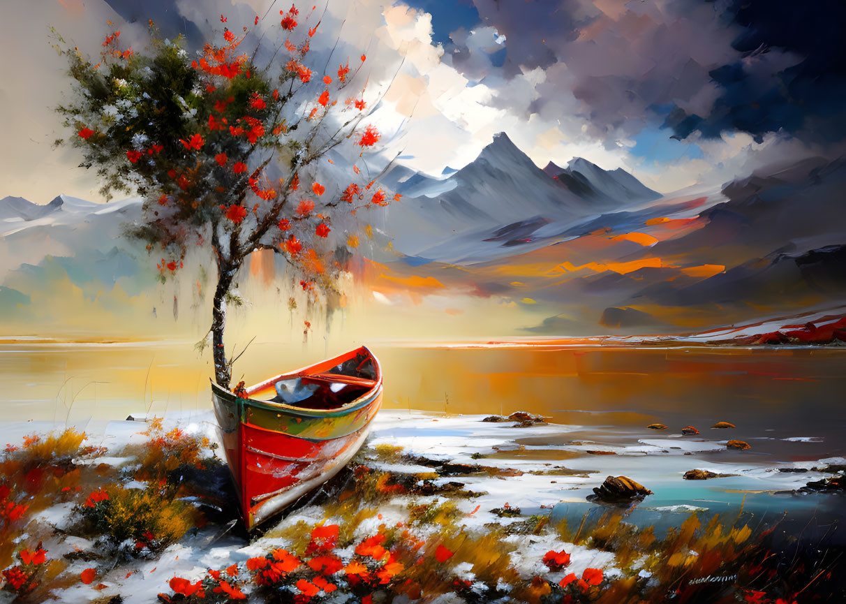 Scenic painting of canoe by lakeshore with red blossoms and mountains