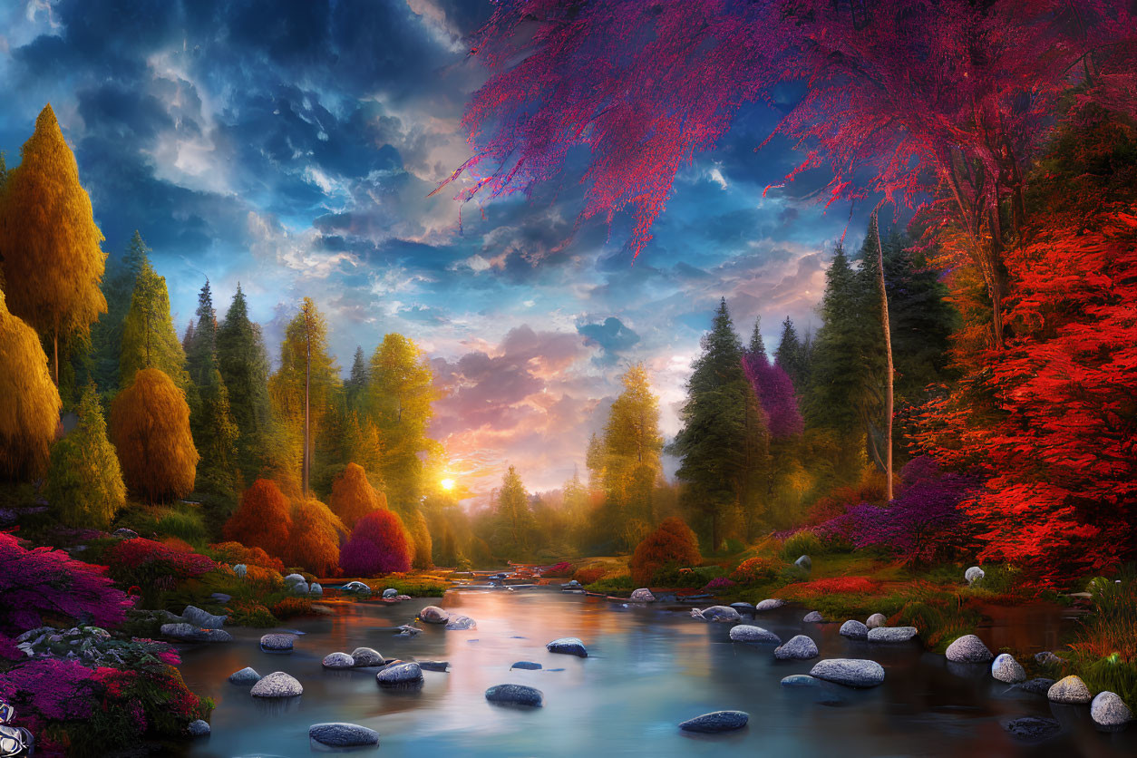 Scenic landscape with river, stepping stones, autumn trees, and sunset sky