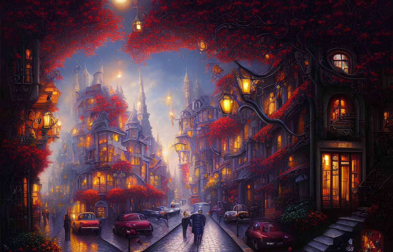 Victorian-style cobblestone street scene at dusk with glowing lamps, red foliage, and walking couple