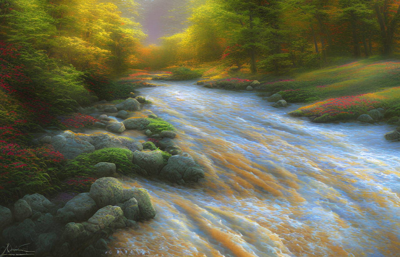 Tranquil stream in vibrant forest with sunlight filtering through canopy